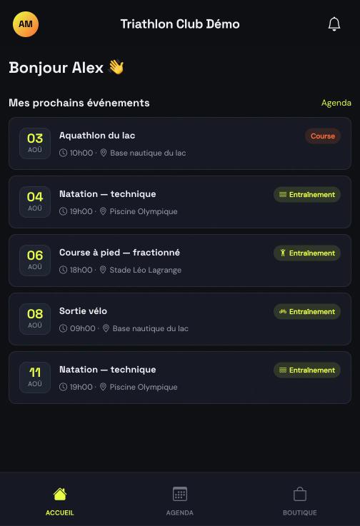 Écran d'accueil de l'application TriClub