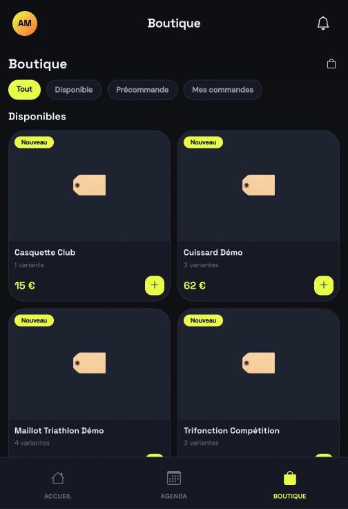 Boutique du club dans l'application