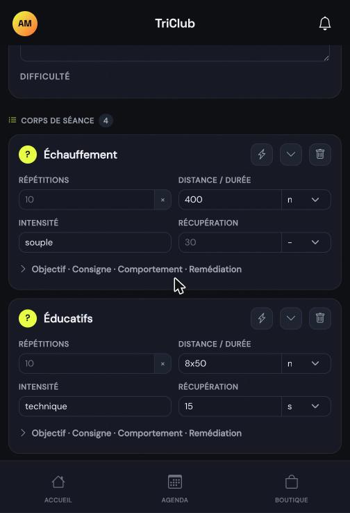 Fiche de séance d'entraînement dans l'application
